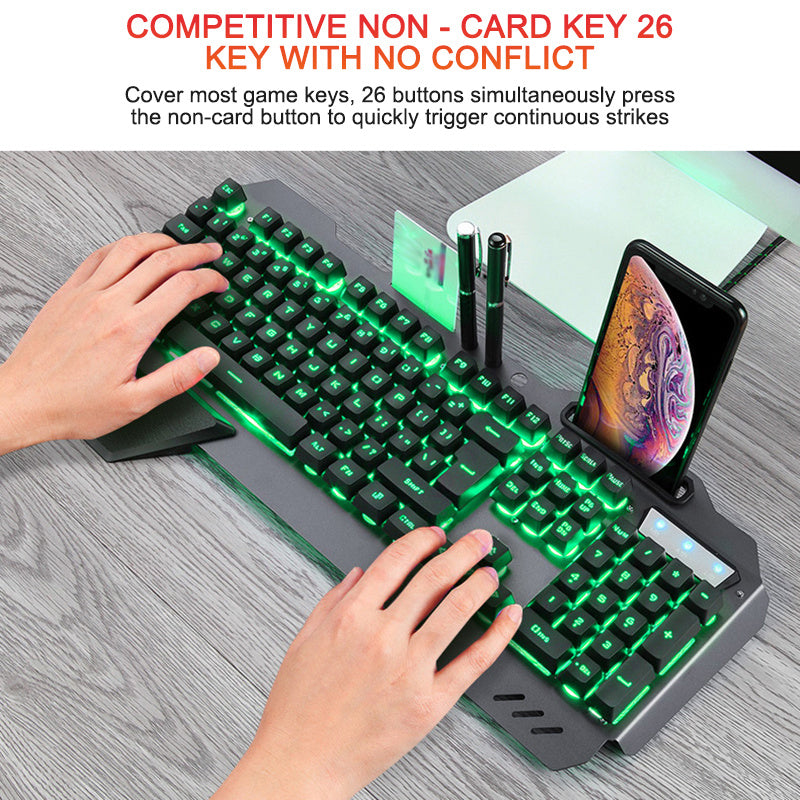 Ergonomic Wired Gaming Keyboard with RGB Backlight Phone Holder and Hand Support - TheLoot.Store