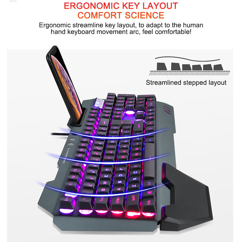 Ergonomic Wired Gaming Keyboard with RGB Backlight Phone Holder and Hand Support - TheLoot.Store