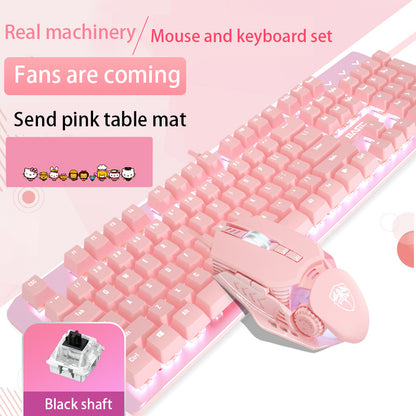 Pink Mechanical Keyboard And Mouse Set For Girls - Dedicated Wired Green Axis Red Axis Girl Heart Luminous - TheLoot.Store