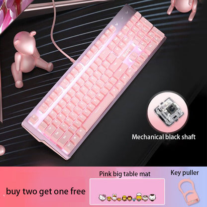 Pink Mechanical Keyboard And Mouse Set For Girls - Dedicated Wired Green Axis Red Axis Girl Heart Luminous - TheLoot.Store