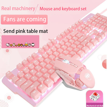 Pink Mechanical Keyboard And Mouse Set For Girls - Dedicated Wired Green Axis Red Axis Girl Heart Luminous - TheLoot.Store