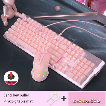 Pink Mechanical Keyboard And Mouse Set For Girls - Dedicated Wired Green Axis Red Axis Girl Heart Luminous - TheLoot.Store