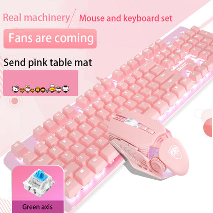 Pink Mechanical Keyboard And Mouse Set For Girls - Dedicated Wired Green Axis Red Axis Girl Heart Luminous - TheLoot.Store