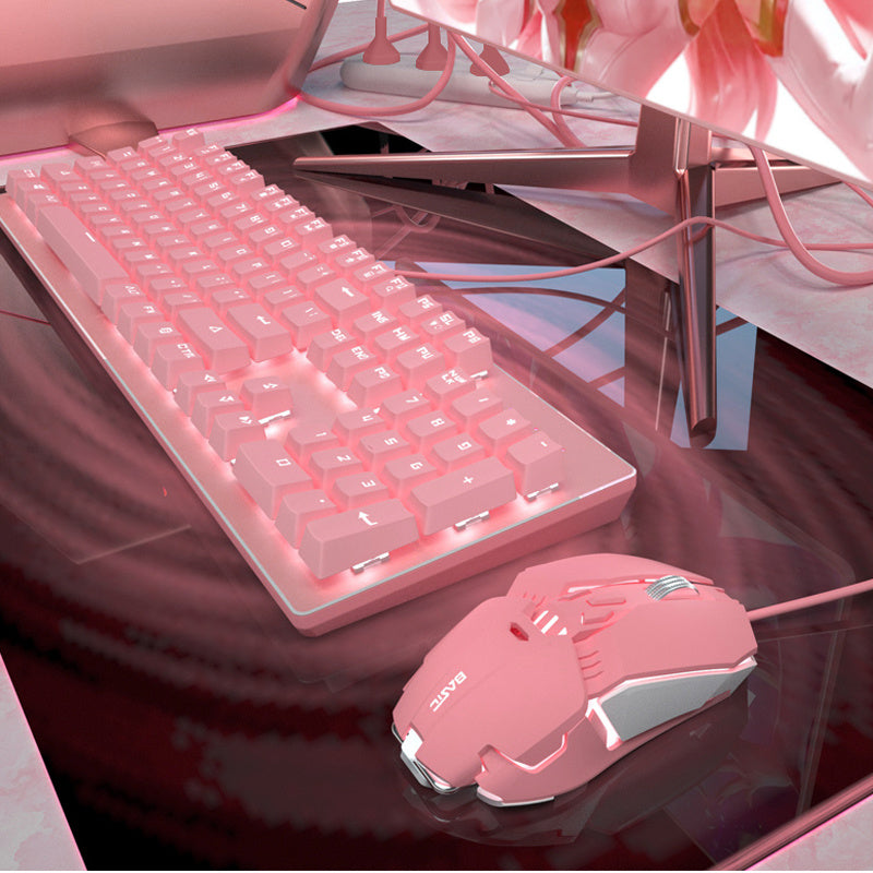 Pink Mechanical Keyboard And Mouse Set For Girls - Dedicated Wired Green Axis Red Axis Girl Heart Luminous - TheLoot.Store