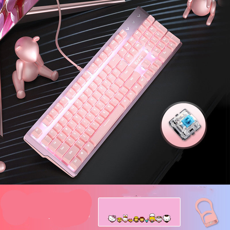 Pink Mechanical Keyboard And Mouse Set For Girls - Dedicated Wired Green Axis Red Axis Girl Heart Luminous - TheLoot.Store